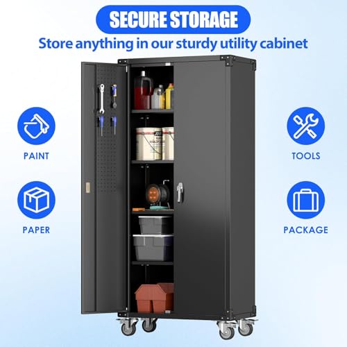 Black 72" H Metal Storage Cabinet with 2 Doors and 4 Adjustable Shelves H829