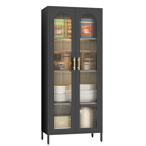 Black 65" Metal Storage Cabinet with Glass Doors and 3 Adjustable Shelves E513265