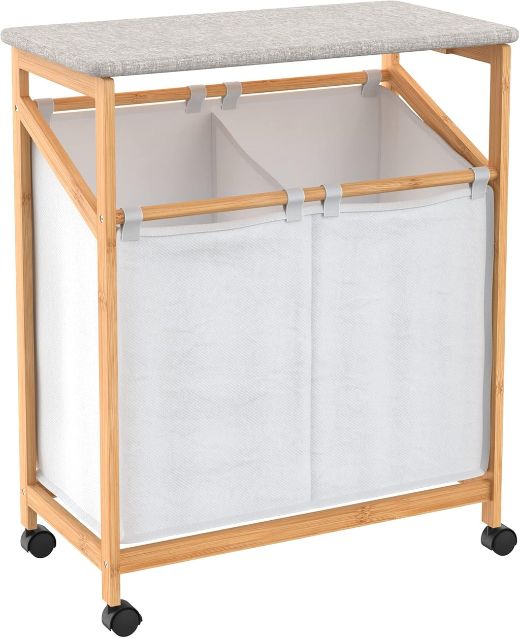 Bamboo Laundry Hamper Cart with Ironing Board Folding Station, Dual Compartments with Divider, Natural Finish Z53499