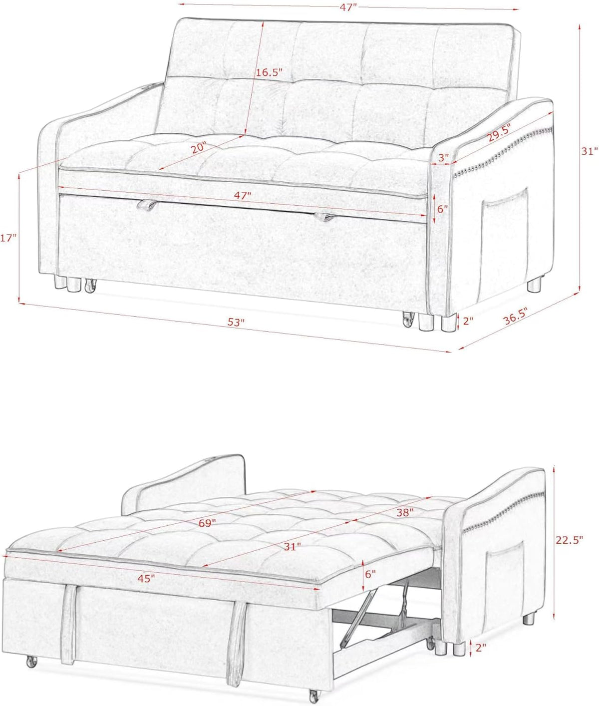 Convertible Sleeper Sofa Couch with Pull Out Bed I7297
