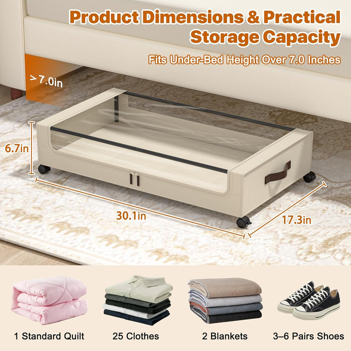 White 4 Pack 60L Under Bed Storage Bins with Wheels and Clear Lids C558