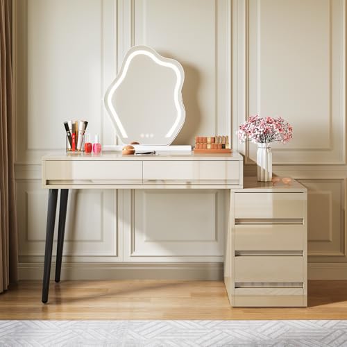 Beige Glossy Desk with 5 Drawers P271370