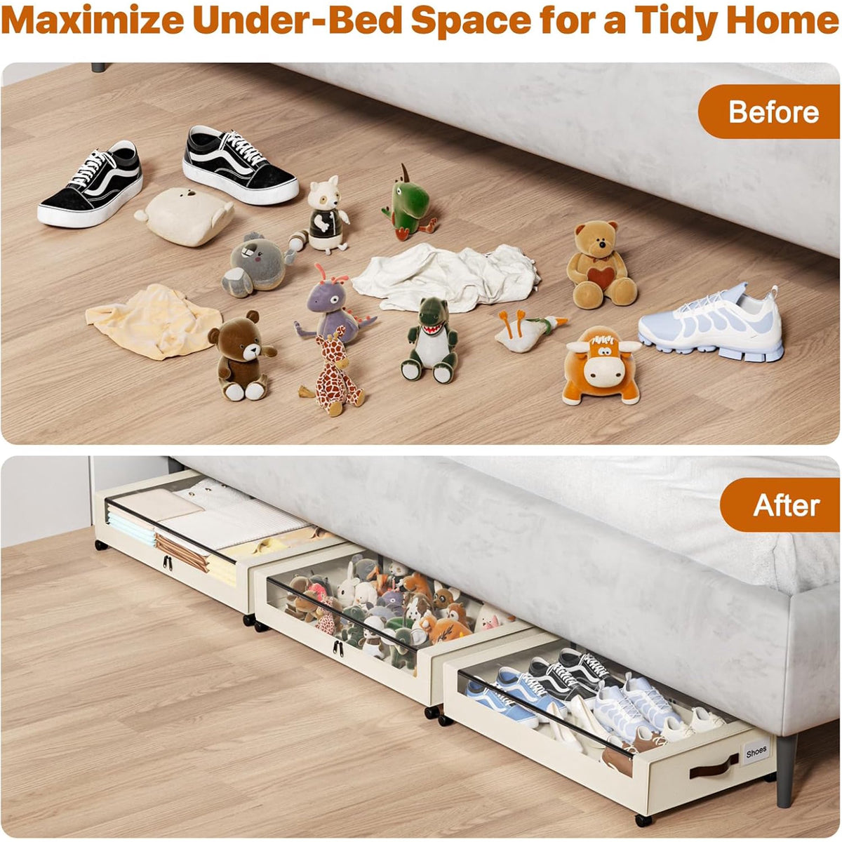 White 4 Pack 60L Under Bed Storage Bins with Wheels and Clear Lids C558