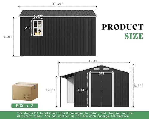 10.6x10.3x6.3 FT Outdoor Storage Shed with Sliding Doors & Two 4-Pane Windows, Dark Grey/White E257
