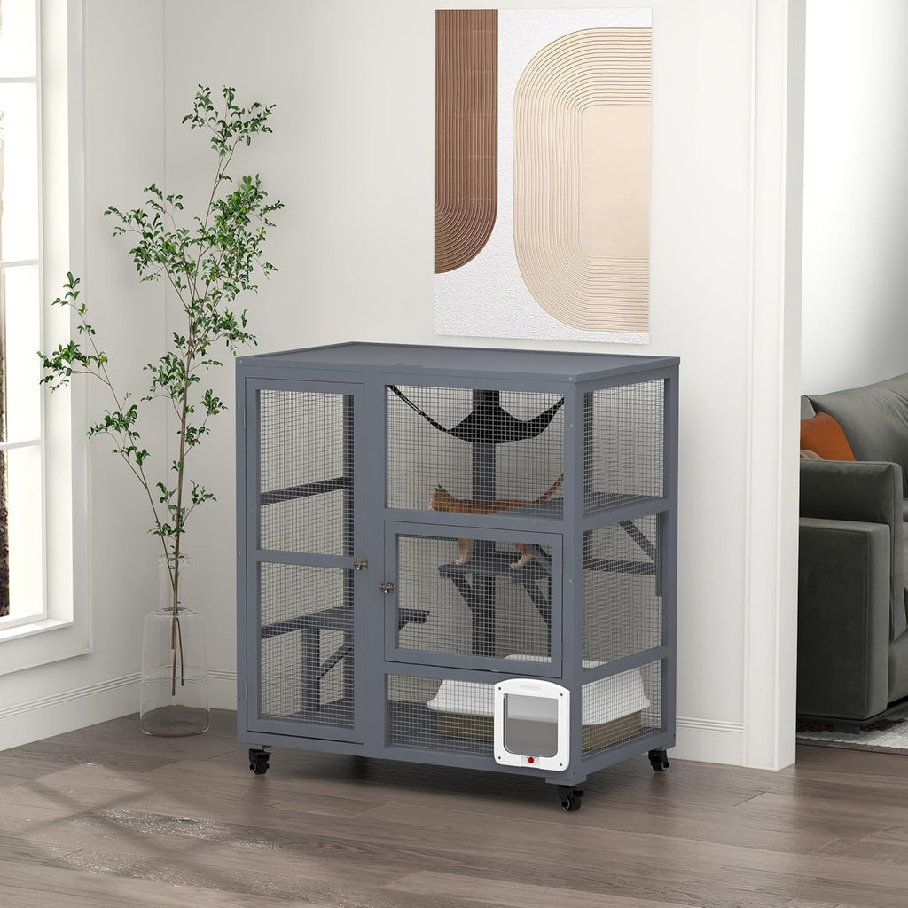 Grey Large Wooden Cat Enclosure with Roof W8379