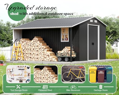 10.6x10.3x6.3 FT Outdoor Storage Shed with Sliding Doors & Two 4-Pane Windows, Dark Grey/White E257