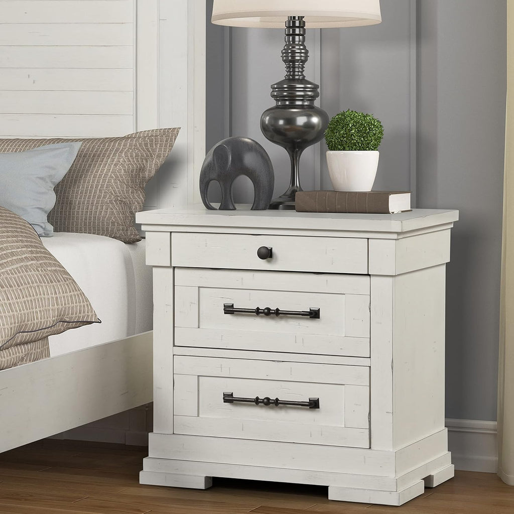Antique White Queen Wood Panel Bed with Dresser, Mirror and Nightstand M2404