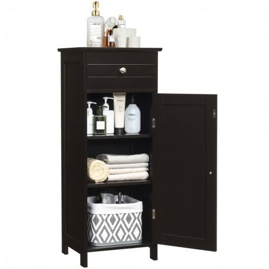 Brown Wooden Floor Cabinet with Drawer and Shelf J16252