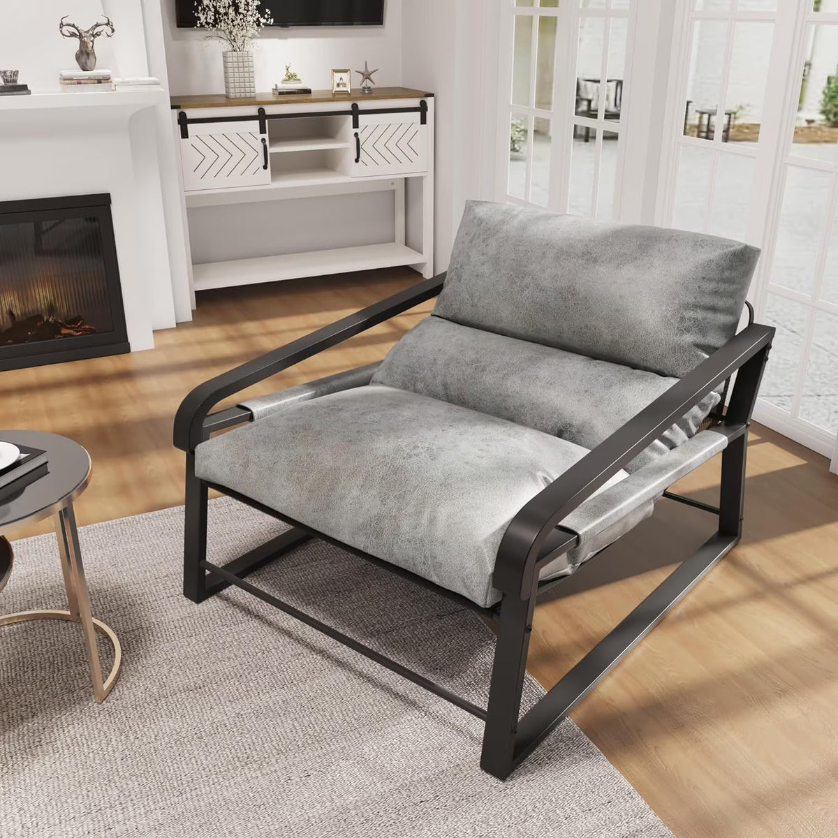 Gray Faux Leather Accent Chair with Wood Armrest E352625