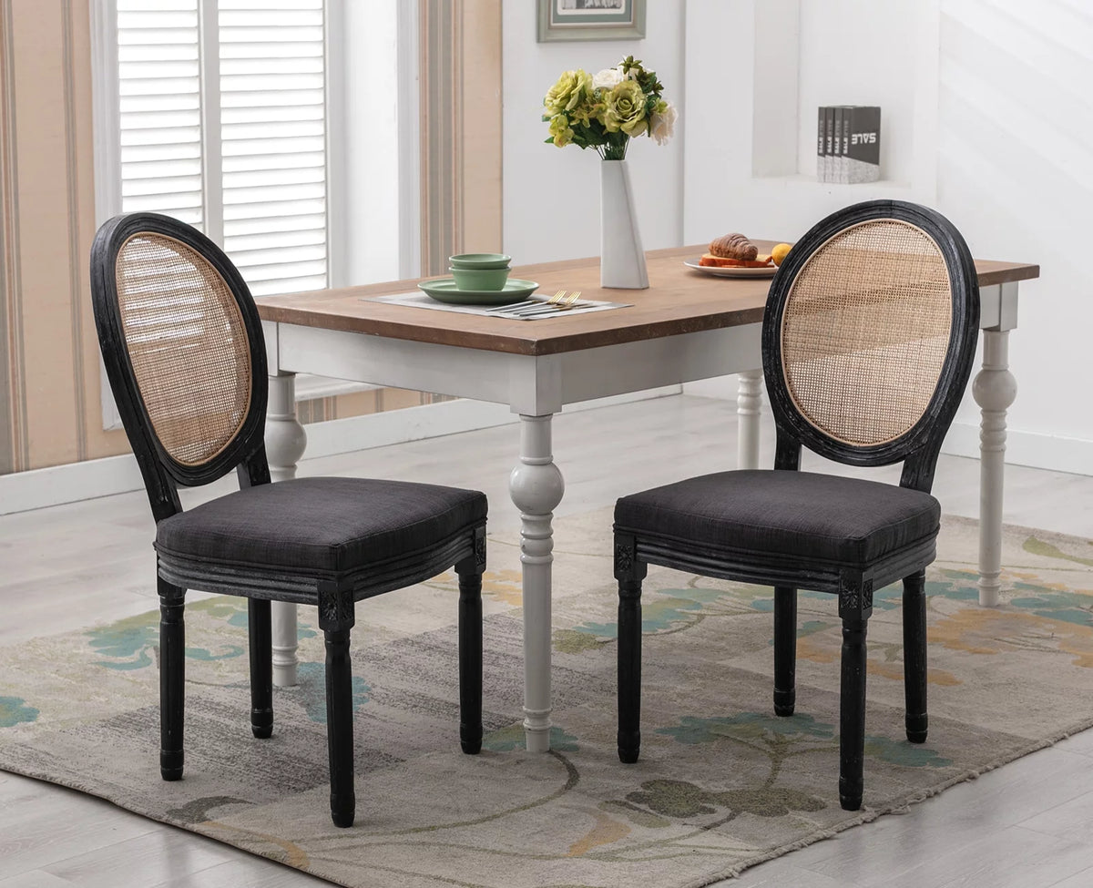 Beige Upholstered Linen Dining Chairs Set of 2 with Rattan Backrest and Wooden Legs Z374