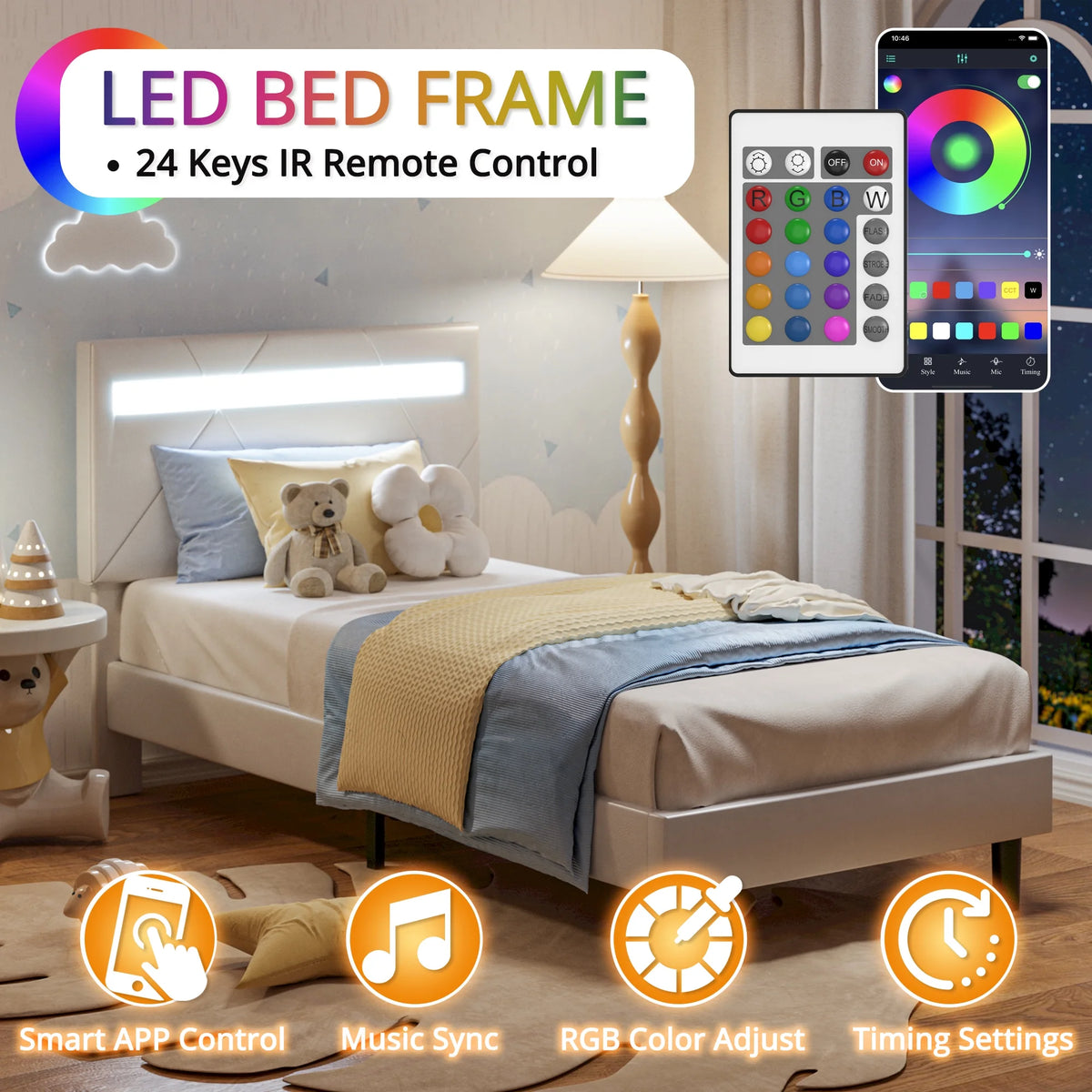 Twin Bed Frame with LED Lights and Adjustable Upholstered Headboard X6078