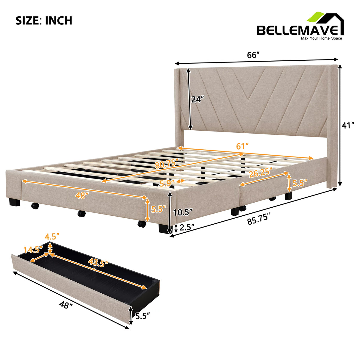 Beige Linen Upholstery Queen Size Platform Bed with 3 Drawers Y1080