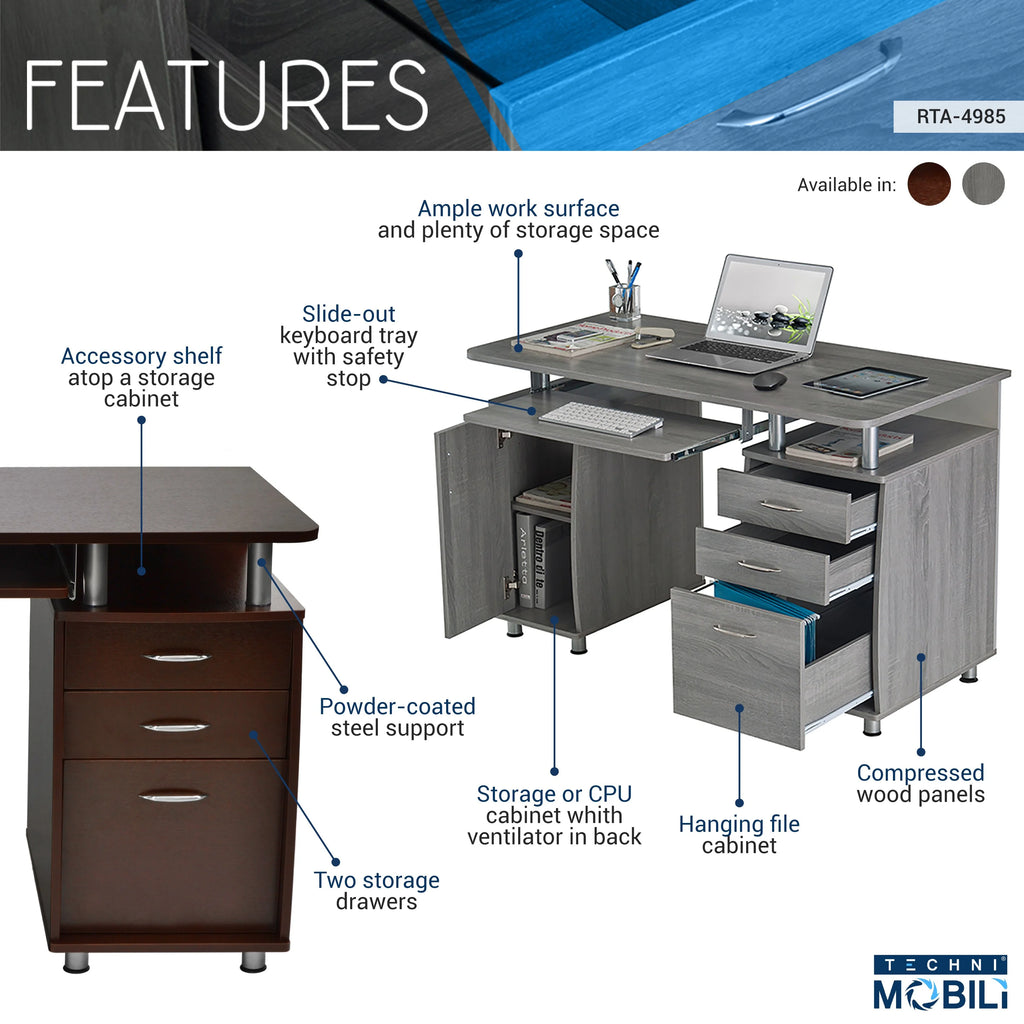 Chocolate Computer Workstation with Cabinet and Drawers I766604