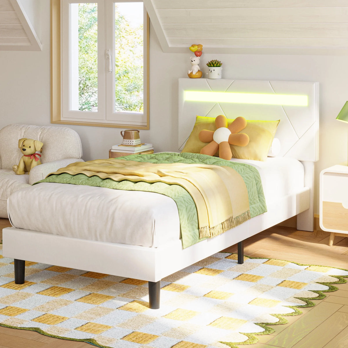 Twin Bed Frame with LED Lights and Adjustable Upholstered Headboard X6078