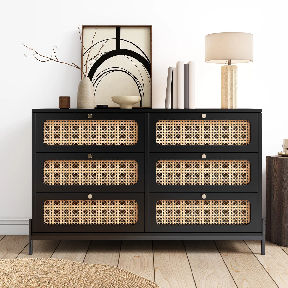 Black 6-Drawer Rattan Wood Dresser Q434645