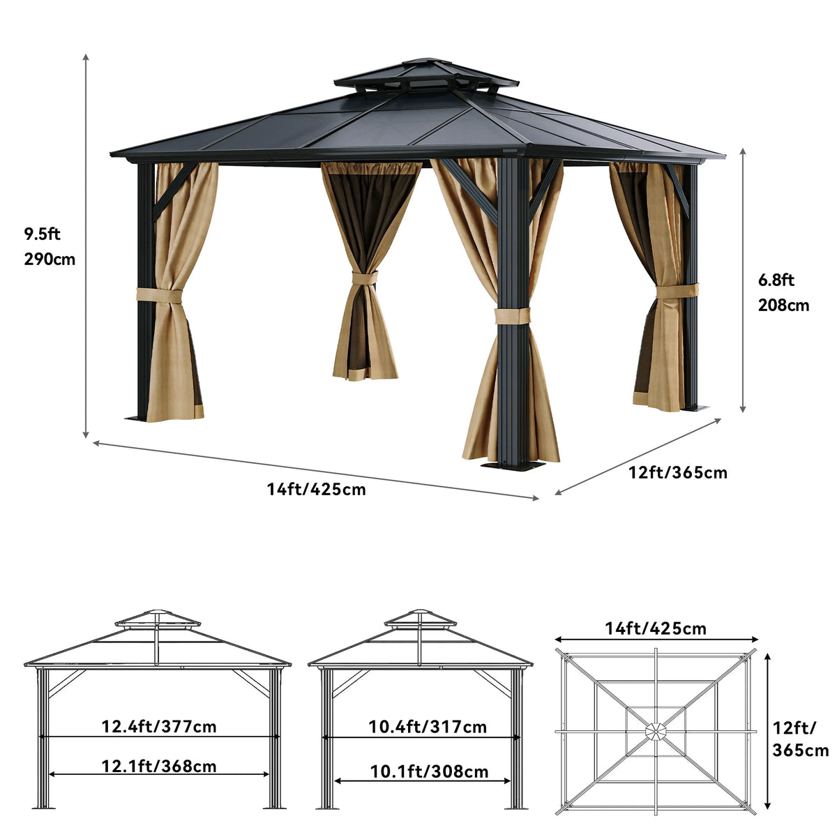 12x14FT Hard-Top Double Roof Gazebo with Netting and Curtains Aluminum Frame F262