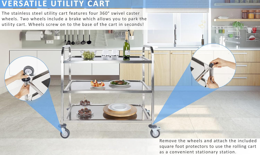 Stainless Steel 3 Tier Rolling Utility Cart with Swivel Locking Wheels F900632