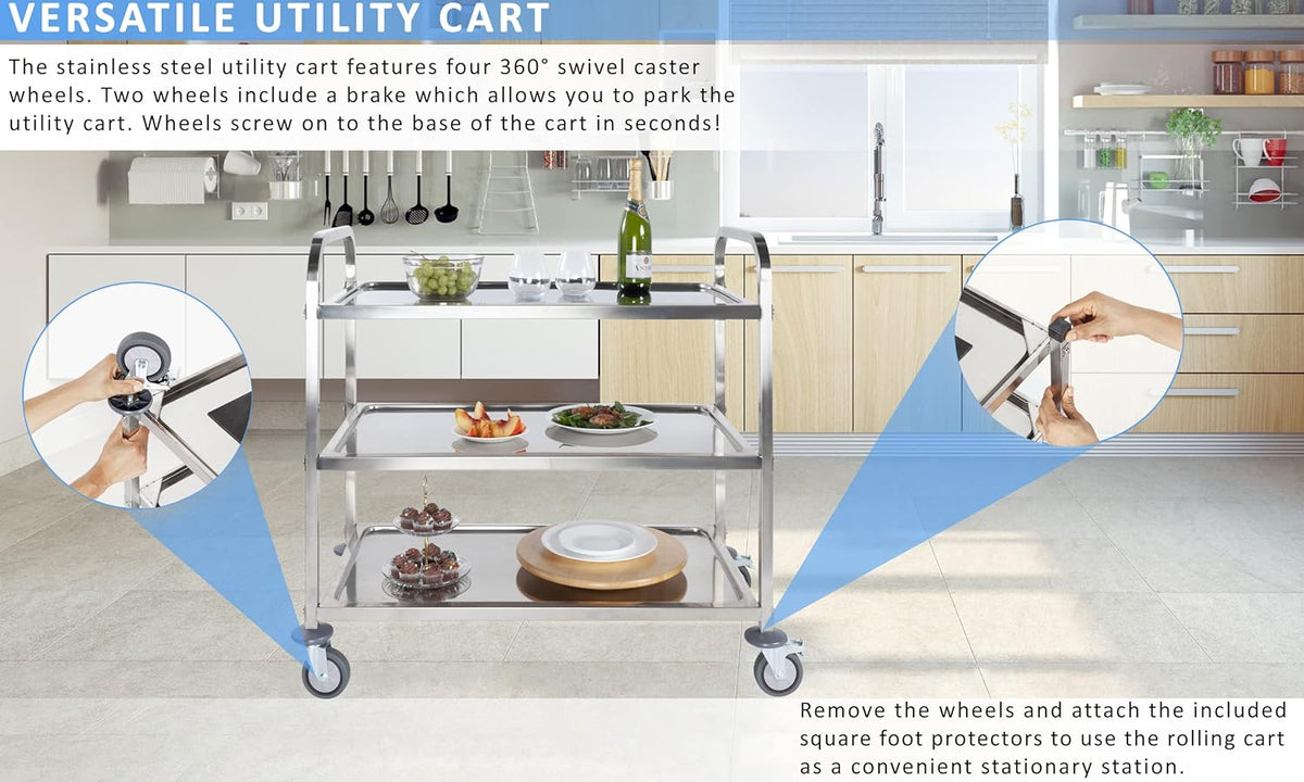 Stainless Steel 3 Tier Rolling Utility Cart with Swivel Locking Wheels F900632