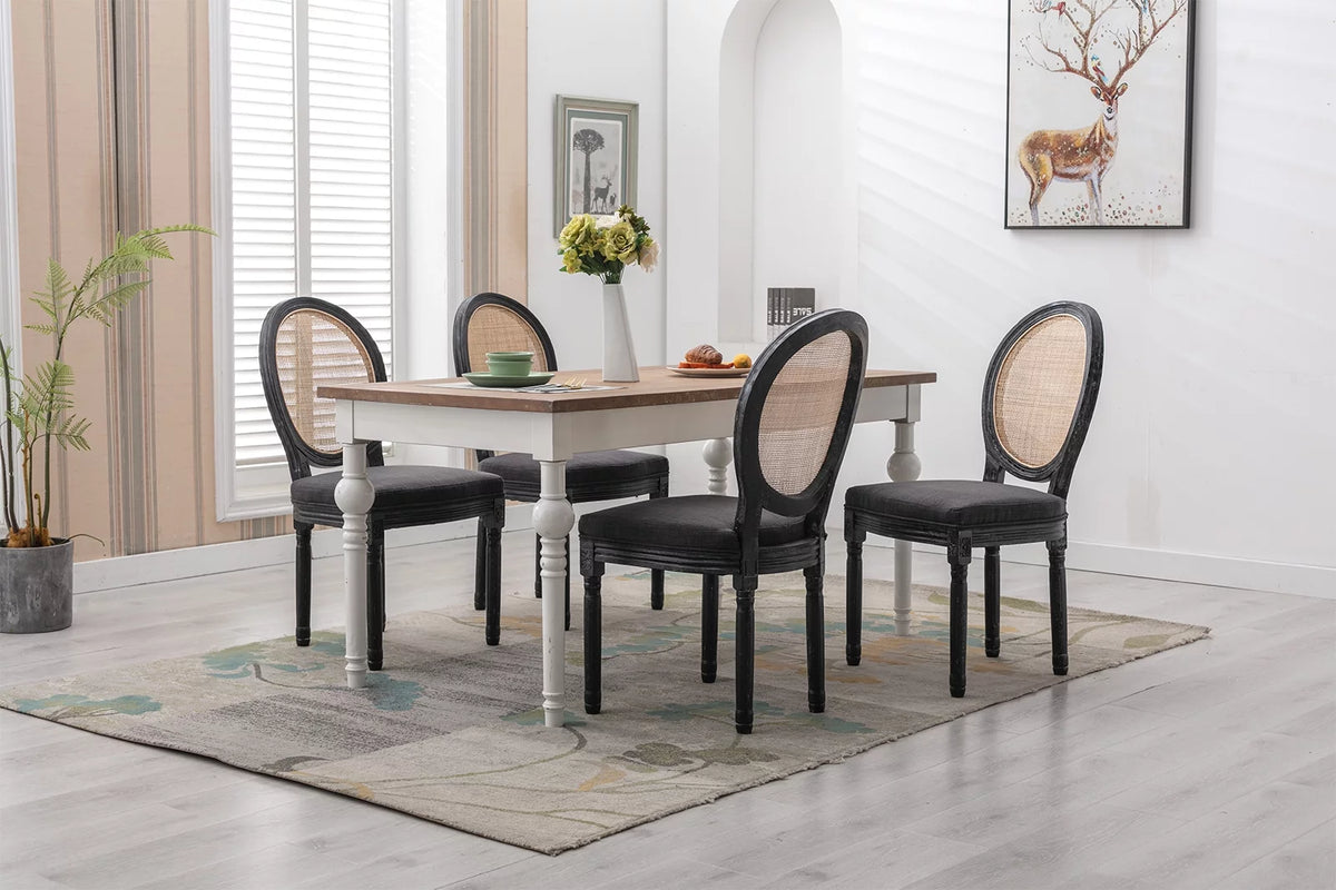 Beige Upholstered Linen Dining Chairs Set of 2 with Rattan Backrest and Wooden Legs Z374