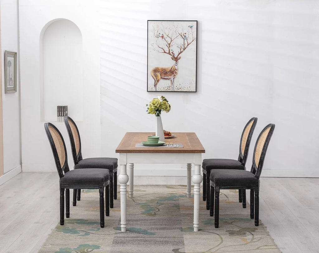 Beige Upholstered Linen Dining Chairs Set of 2 with Rattan Backrest and Wooden Legs Z374