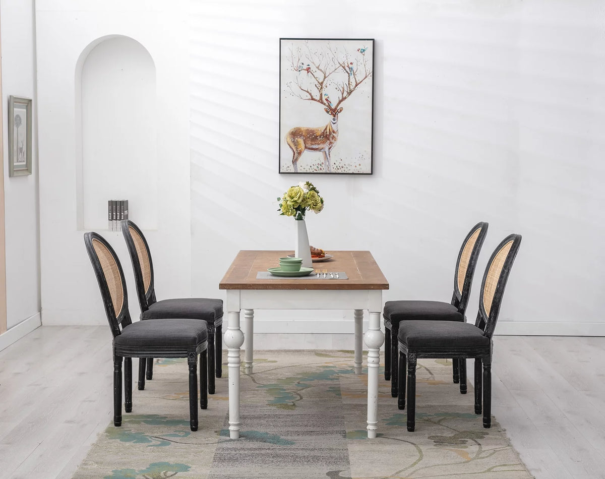 Beige Upholstered Linen Dining Chairs Set of 2 with Rattan Backrest and Wooden Legs Z374