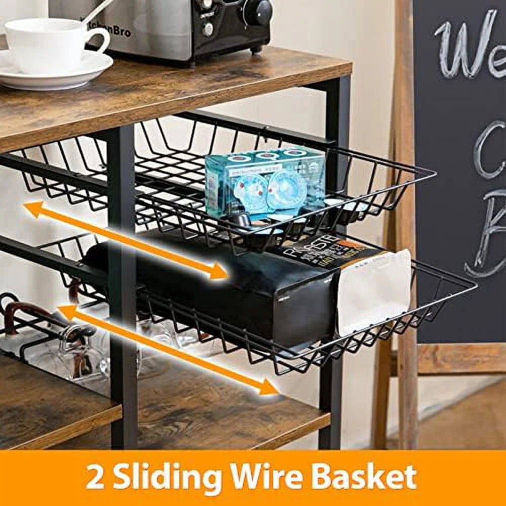 Bakers Rack with Wire Basket 7 Hooks Metal Frame Wood Organizer R95170