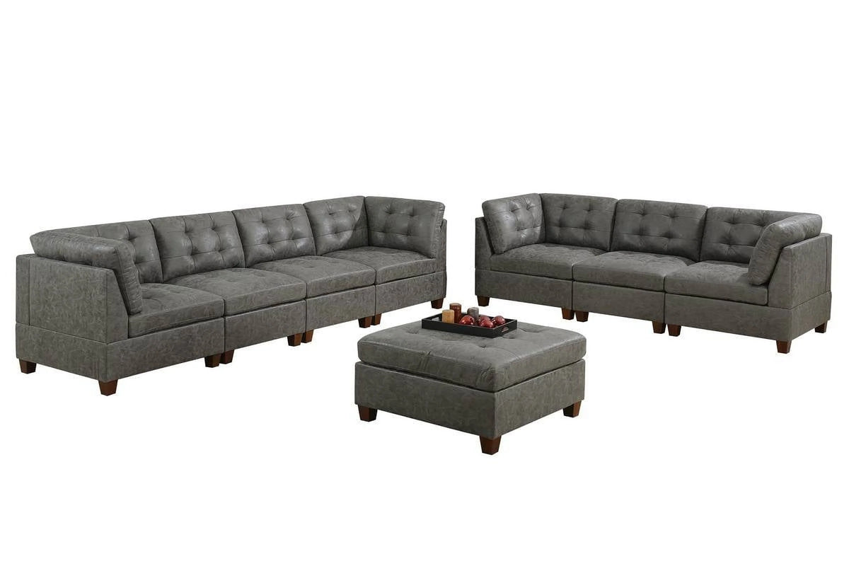 Antique Grey 8Pc Modular Sofa Set Leatherette Tufted Couch S92133