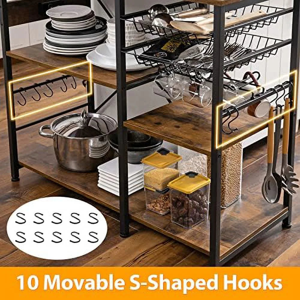 Bakers Rack with Wire Basket 7 Hooks Metal Frame Wood Organizer R95170