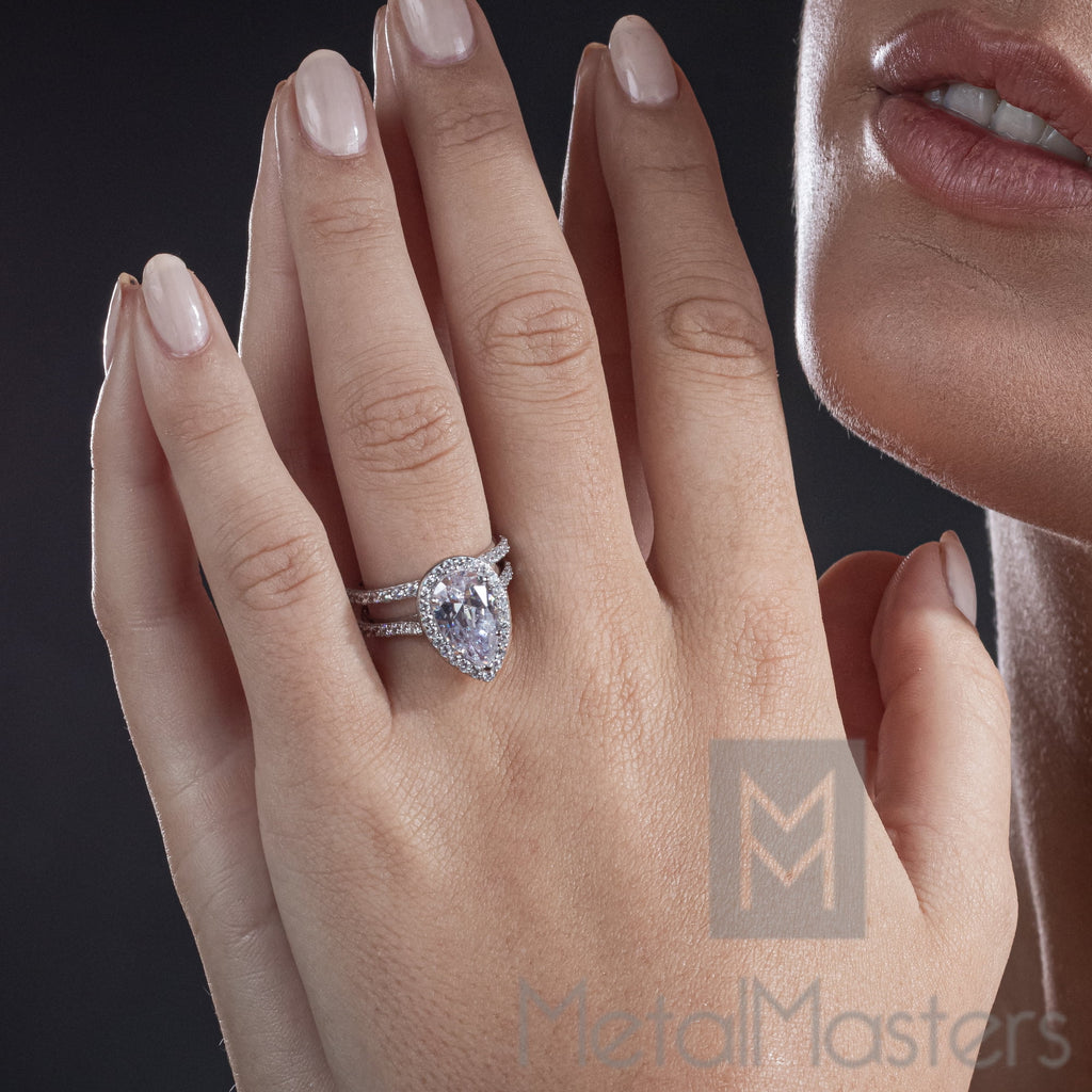 3CT Teardrop Pear Shape Solitaire AAA CZ Engagement Ring Bridal Set in 2 piece Sterling Silver 925 Y639