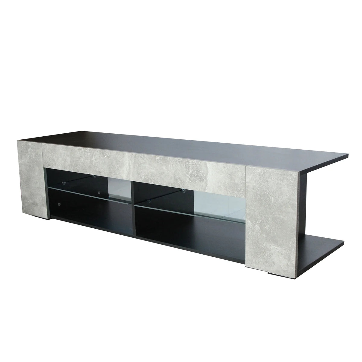 Black 57 Inch TV Stand with LED Lights and Glass Shelves I2923