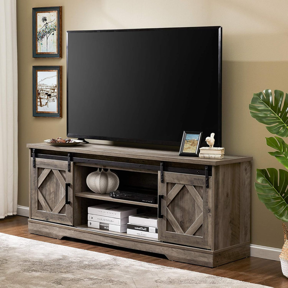 Farmhouse Sliding Barn Door TV Stand, Wood Media Console Table Cabinet 3-Level Adjustable Shelf, Rustic Brown X849