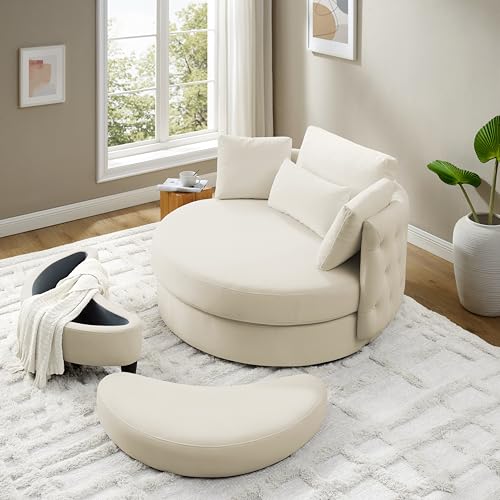 Oversized Velvet Swivel Barrel Chair with Ottoman and 4 Pillows I482