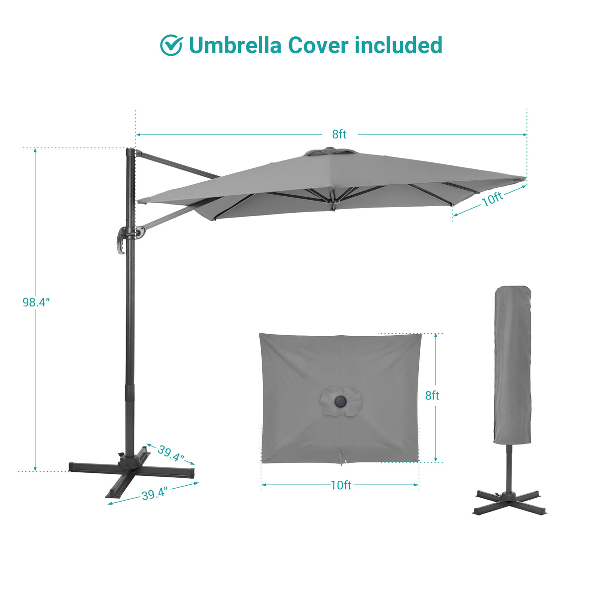 10×8FT Cantilever Patio Umbrella, Gray R4684