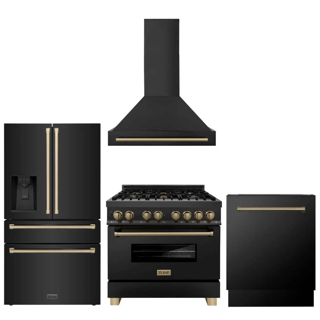 36 Dual Fuel Range, Range Hood, Refrigerator, Dishwasher in Black Stainless J5490