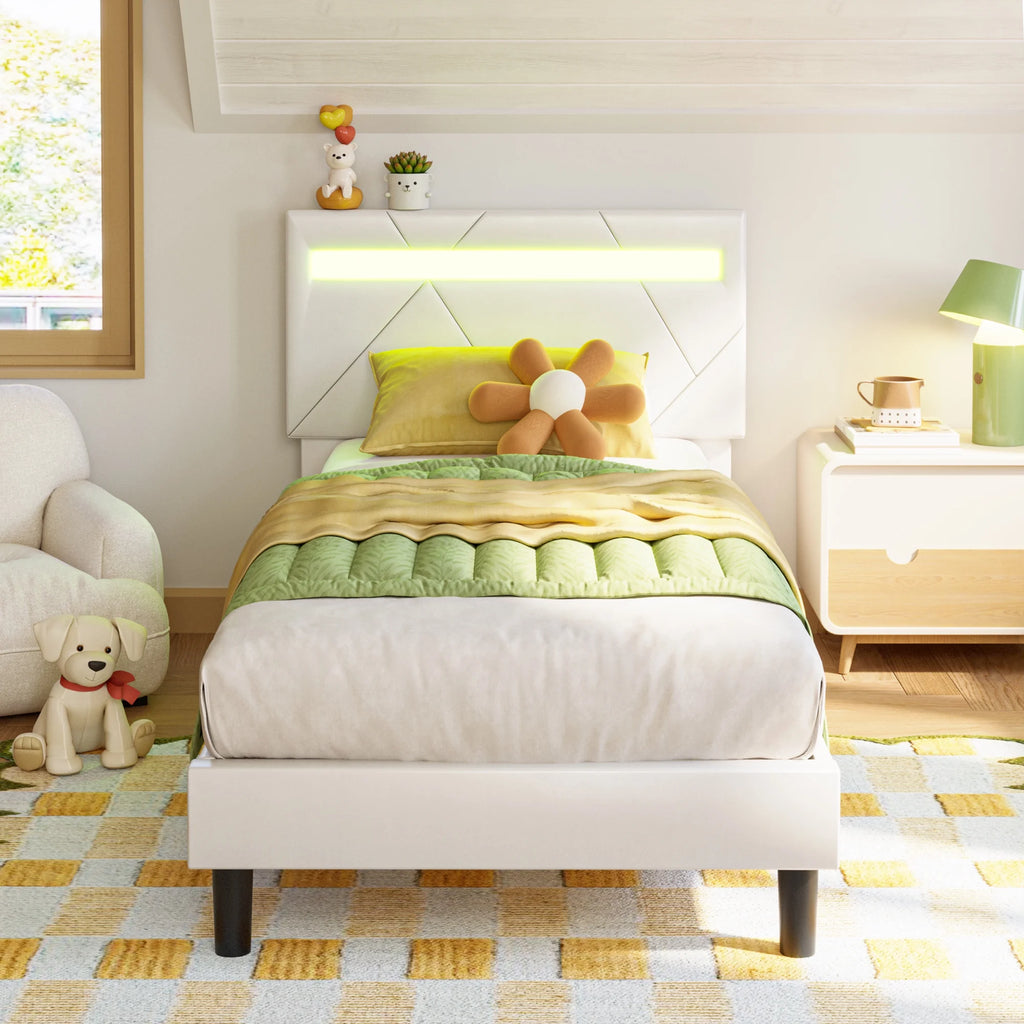 Twin Bed Frame with LED Lights and Adjustable Upholstered Headboard X6078
