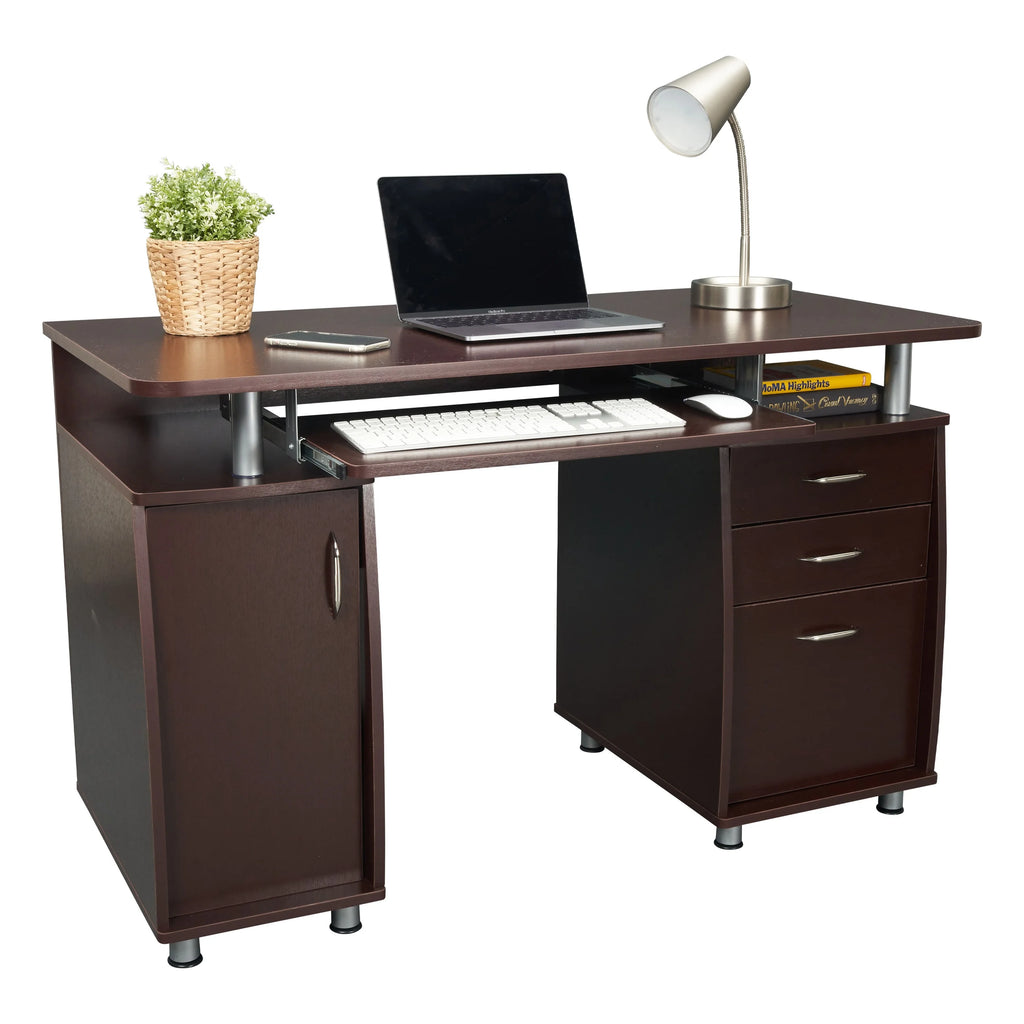 Chocolate Computer Workstation with Cabinet and Drawers I766604