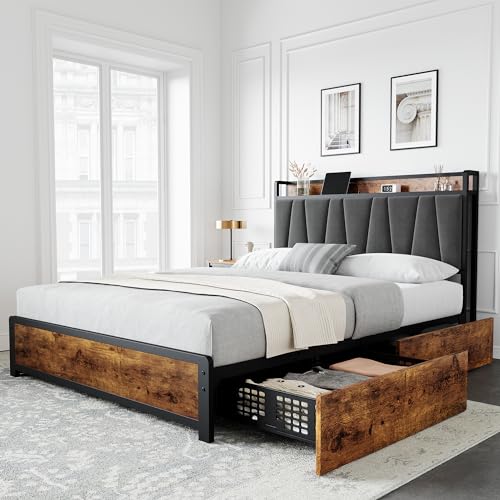 Full Size Linen Upholstered Bed Frame with 4 Drawers X2359