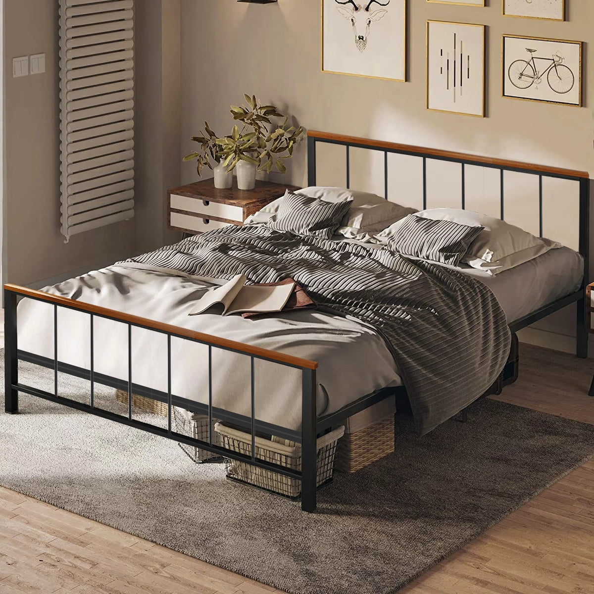 Black Metal Platform Bed Frame with Headboard and Footboard B468246