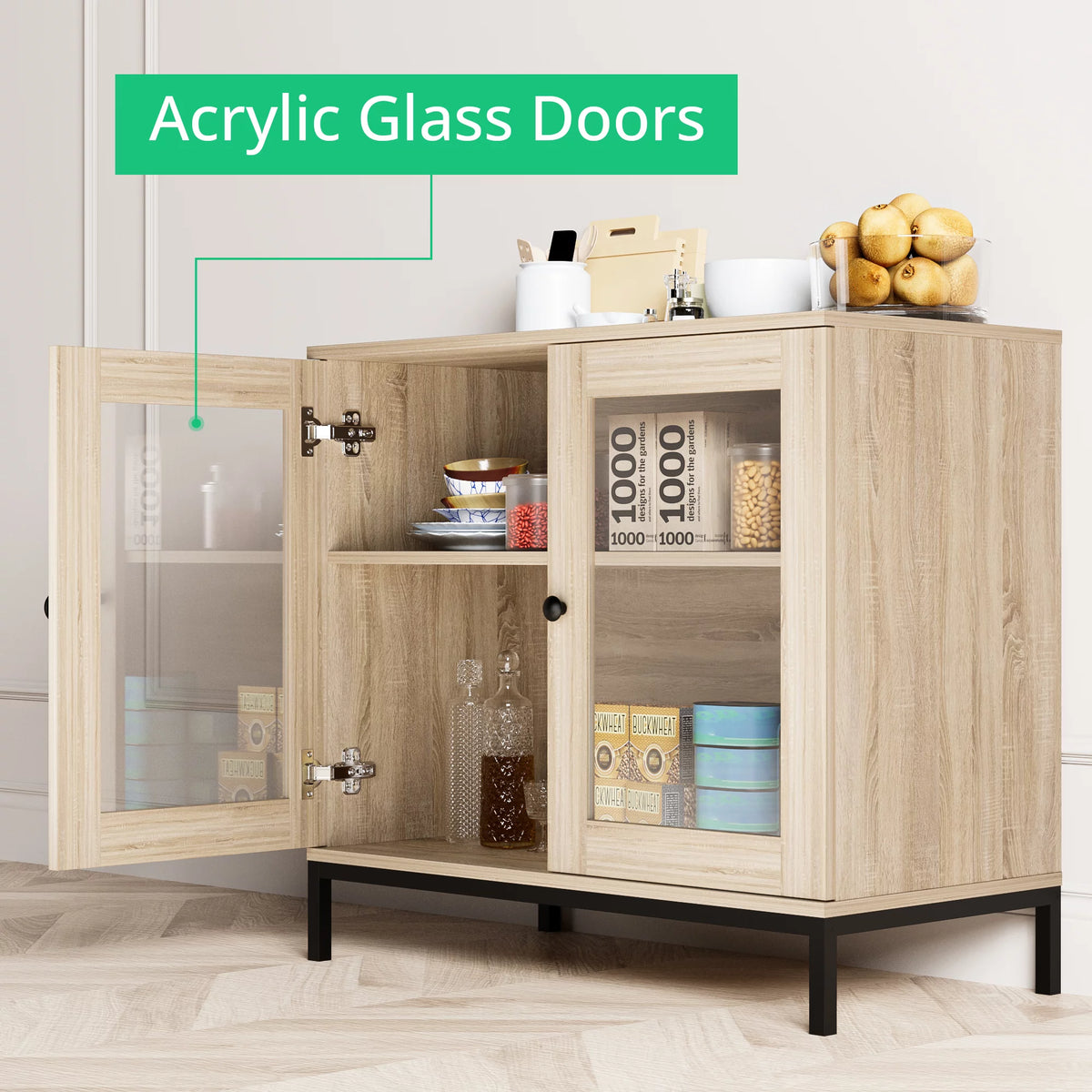 Natural Wooden Sideboard Buffet Cabinet with Acrylic Glass Doors K3639