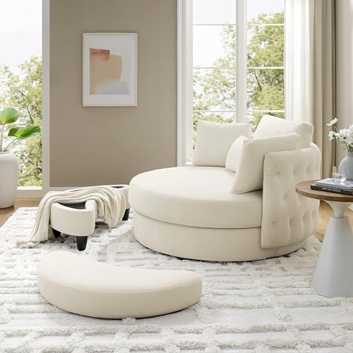 Oversized Velvet Swivel Barrel Chair with Ottoman and 4 Pillows I482
