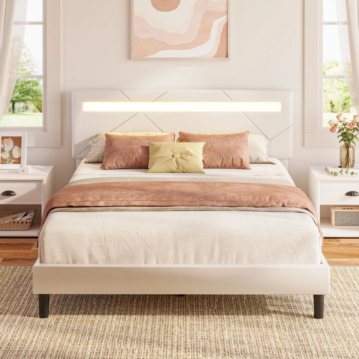 Twin Bed Frame with LED Lights and Adjustable Upholstered Headboard X6078