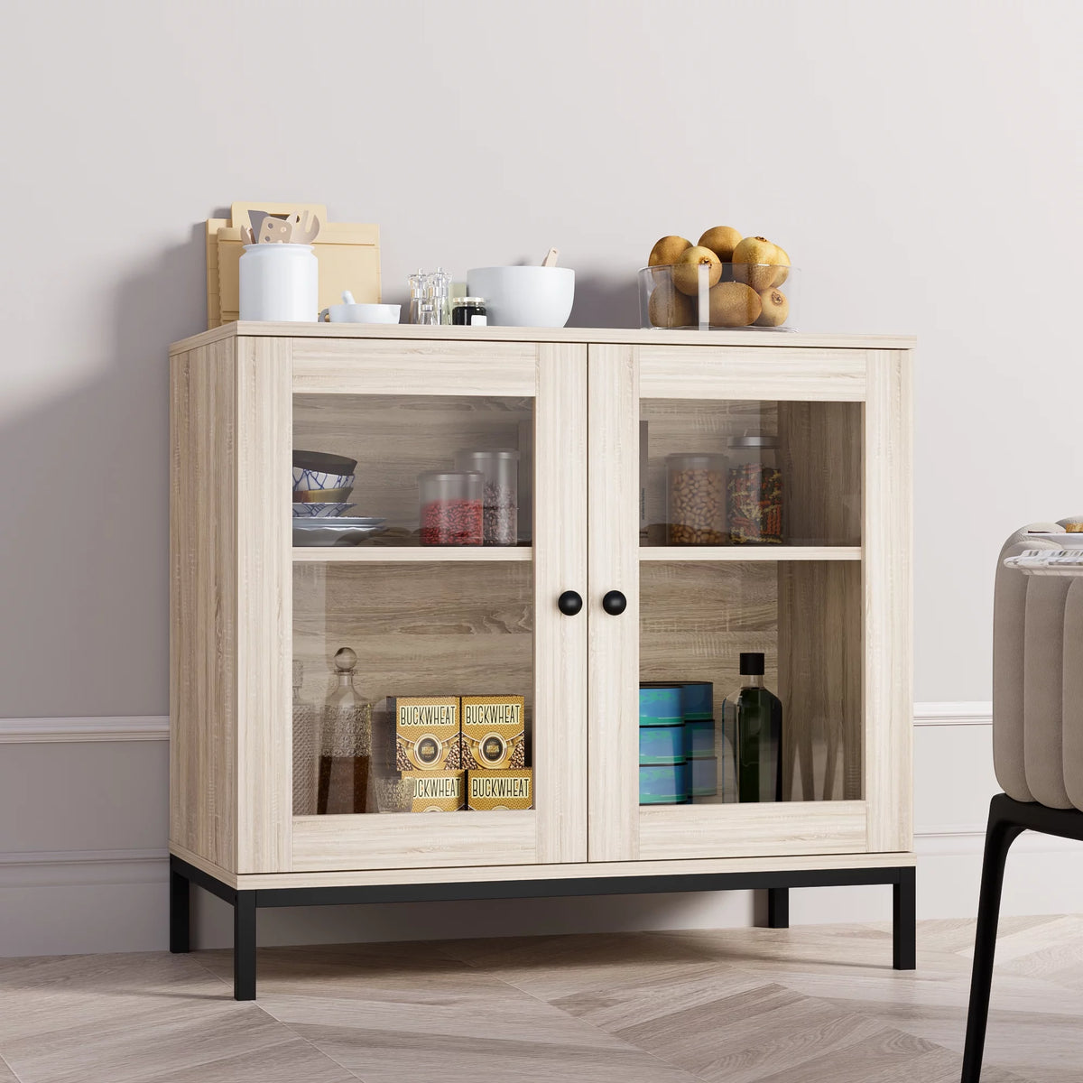 Natural Wooden Sideboard Buffet Cabinet with Acrylic Glass Doors K3639