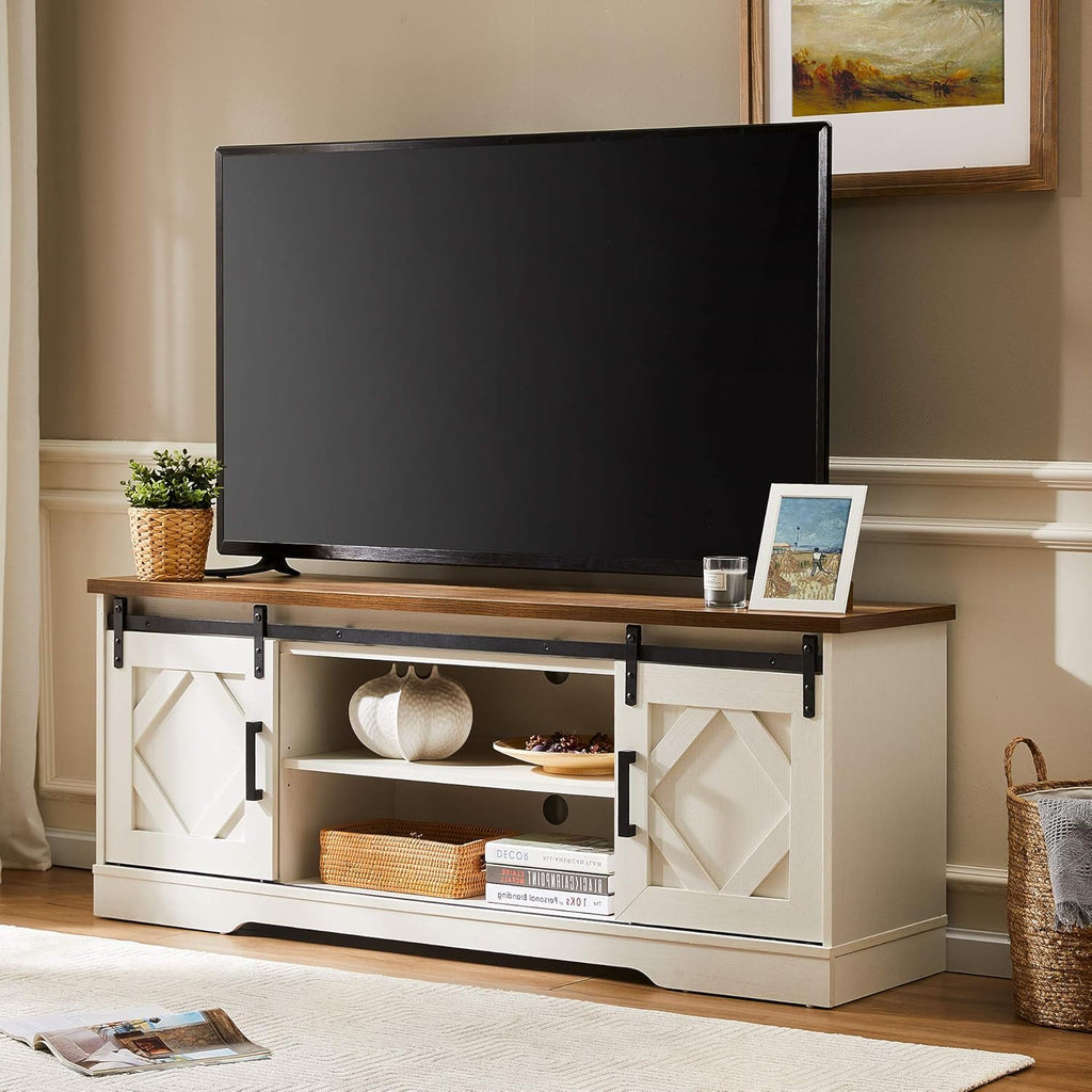 Farmhouse Sliding Barn Door TV Stand, Wood Media Console Table Cabinet 3-Level Adjustable Shelf, Rustic Brown X849