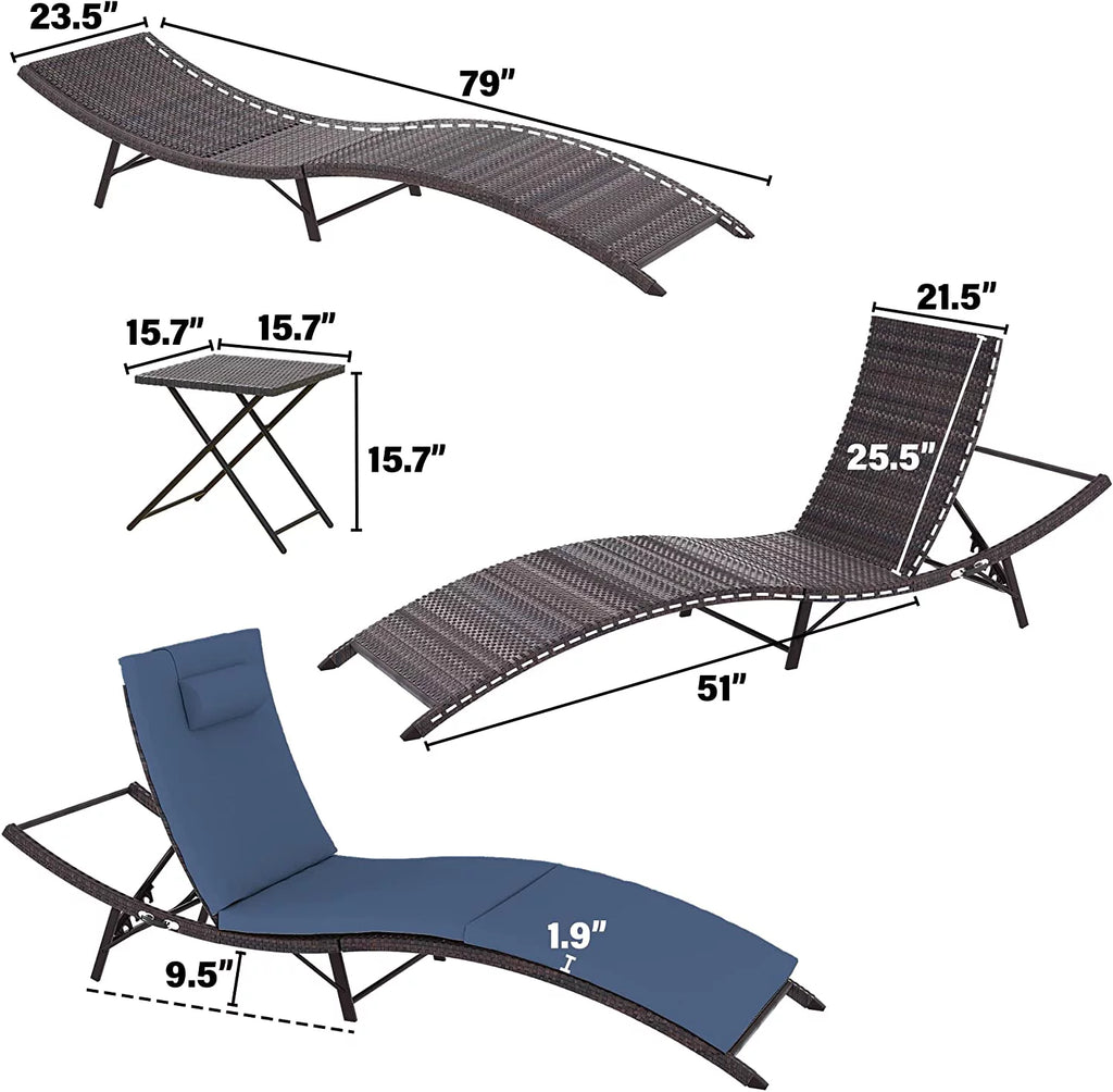 Rattan Adjustable Back 3 Pieces Cushioned Patio Chaise Lounge D219