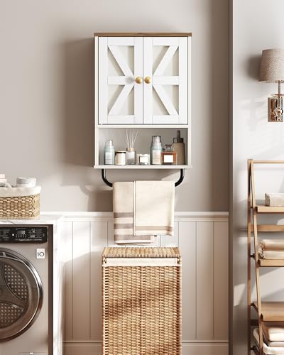 White and Walnut Bathroom Wall Cabinet with Towel Bar Y563