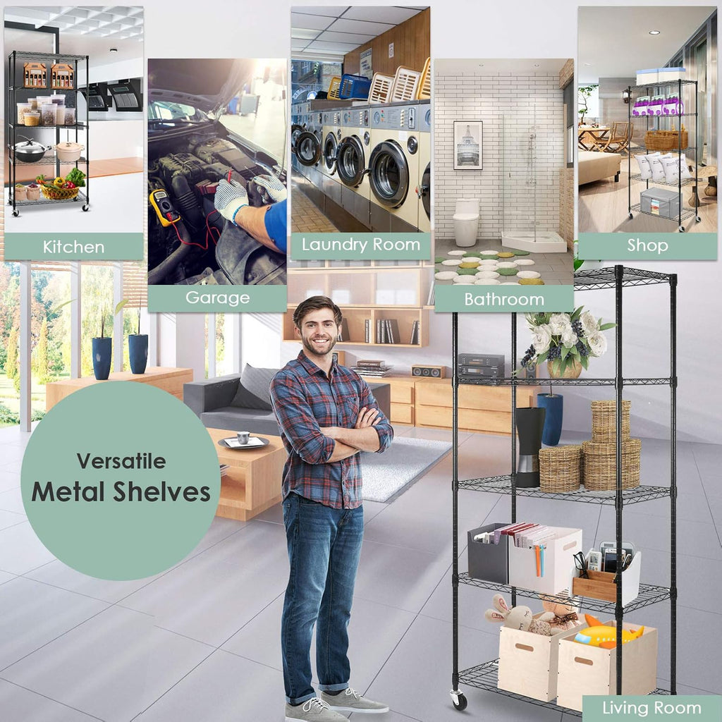 Black 5-Shelf Heavy Duty Metal Wire Shelving Unit on Wheels W637352