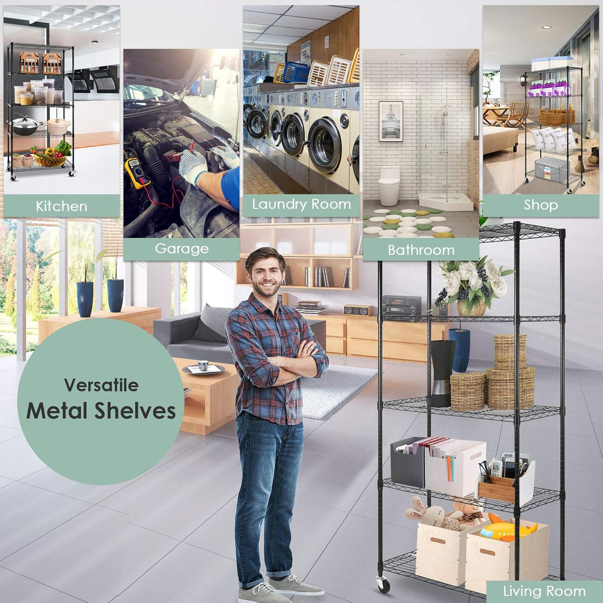Black 5-Shelf Heavy Duty Metal Wire Shelving Unit on Wheels W637352