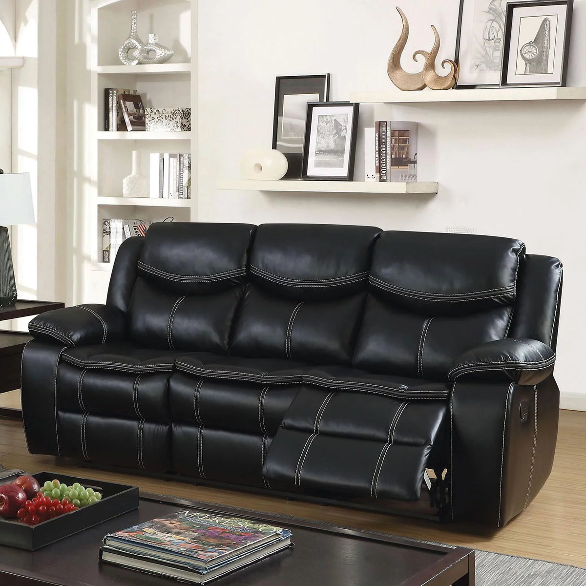 Black Leatherette Recliner Sofa and Loveseat I501