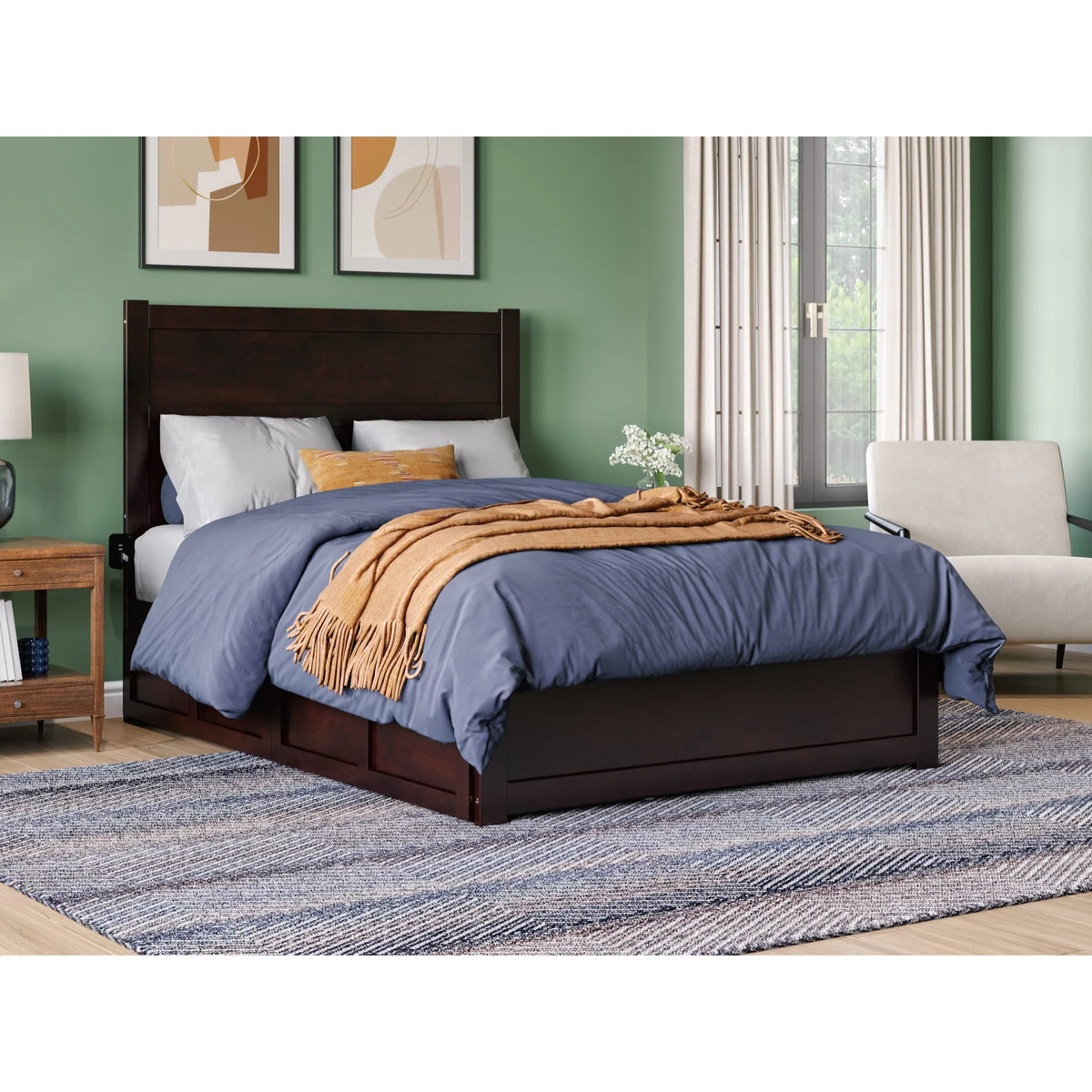 Solid Wood Bed with Footboard and 2 Drawers Z6038