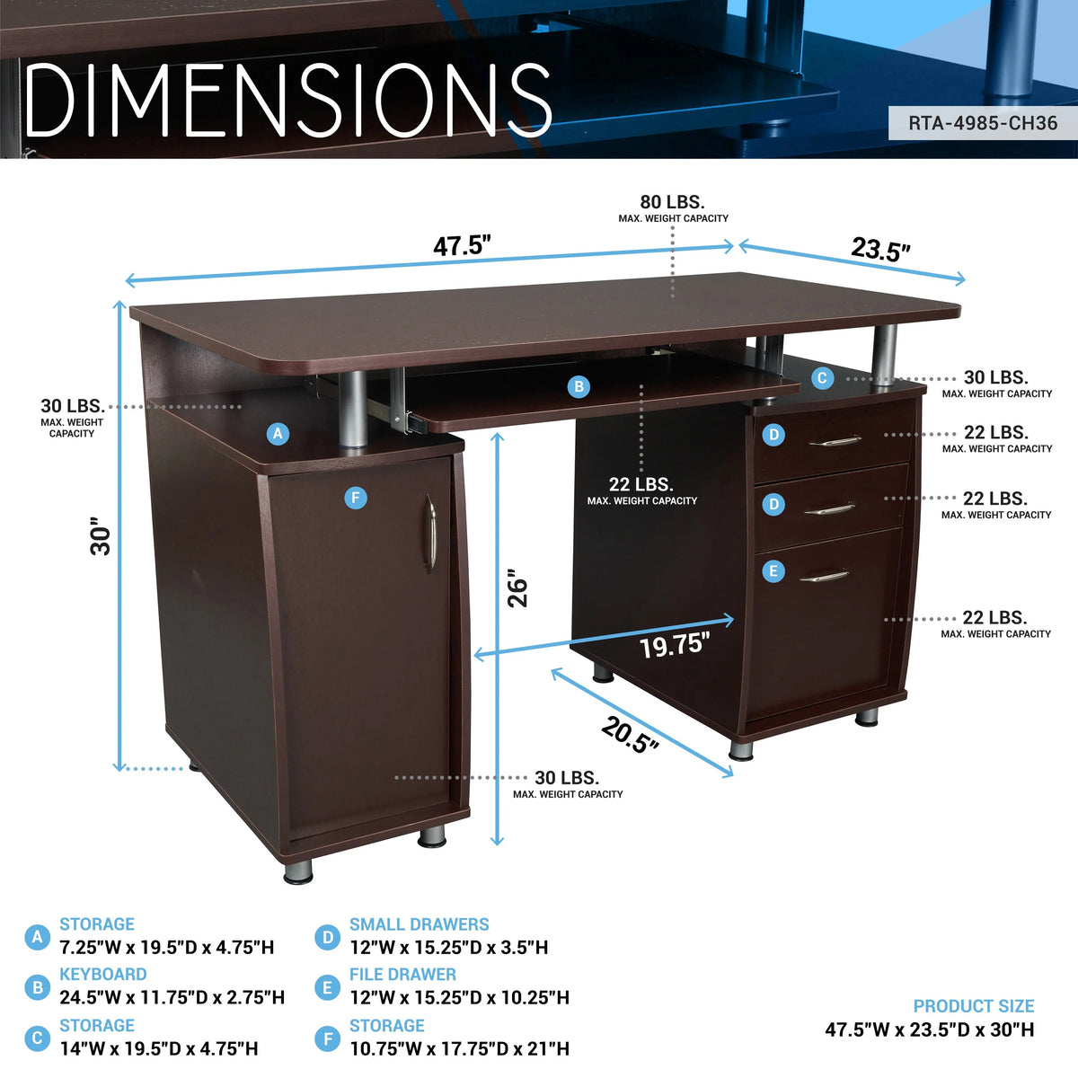 Chocolate Computer Workstation with Cabinet and Drawers I766604